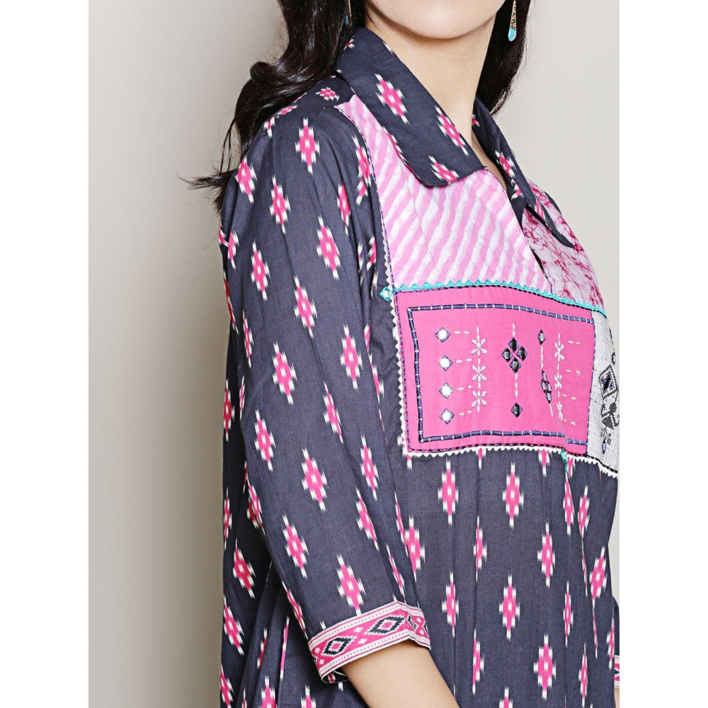 Spring Soul Block Printed Navy Blue Kurta with Yoke Detailing Harem Pant (Set of 2)