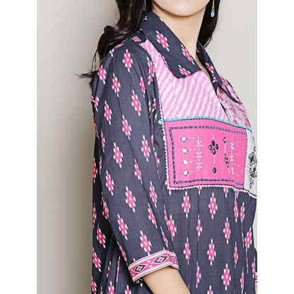 Spring Soul Block Printed Navy Blue Kurta with Yoke Detailing Harem Pant (Set of 2)