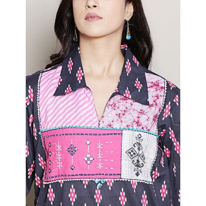 Spring Soul Block Printed Navy Blue Kurta with Yoke Detailing Harem Pant (Set of 2)