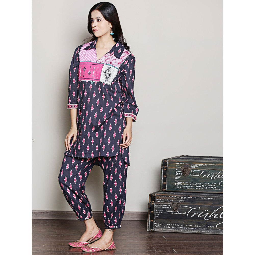 Spring Soul Block Printed Navy Blue Kurta with Yoke Detailing Harem Pant (Set of 2)