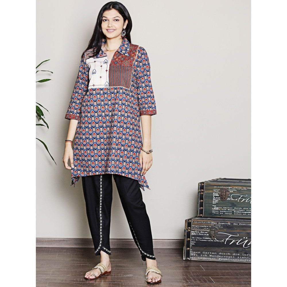 Spring Soul Block Printed Blue Color Kurta with Yoke Detailing Dhoti Pants (Set of 2)
