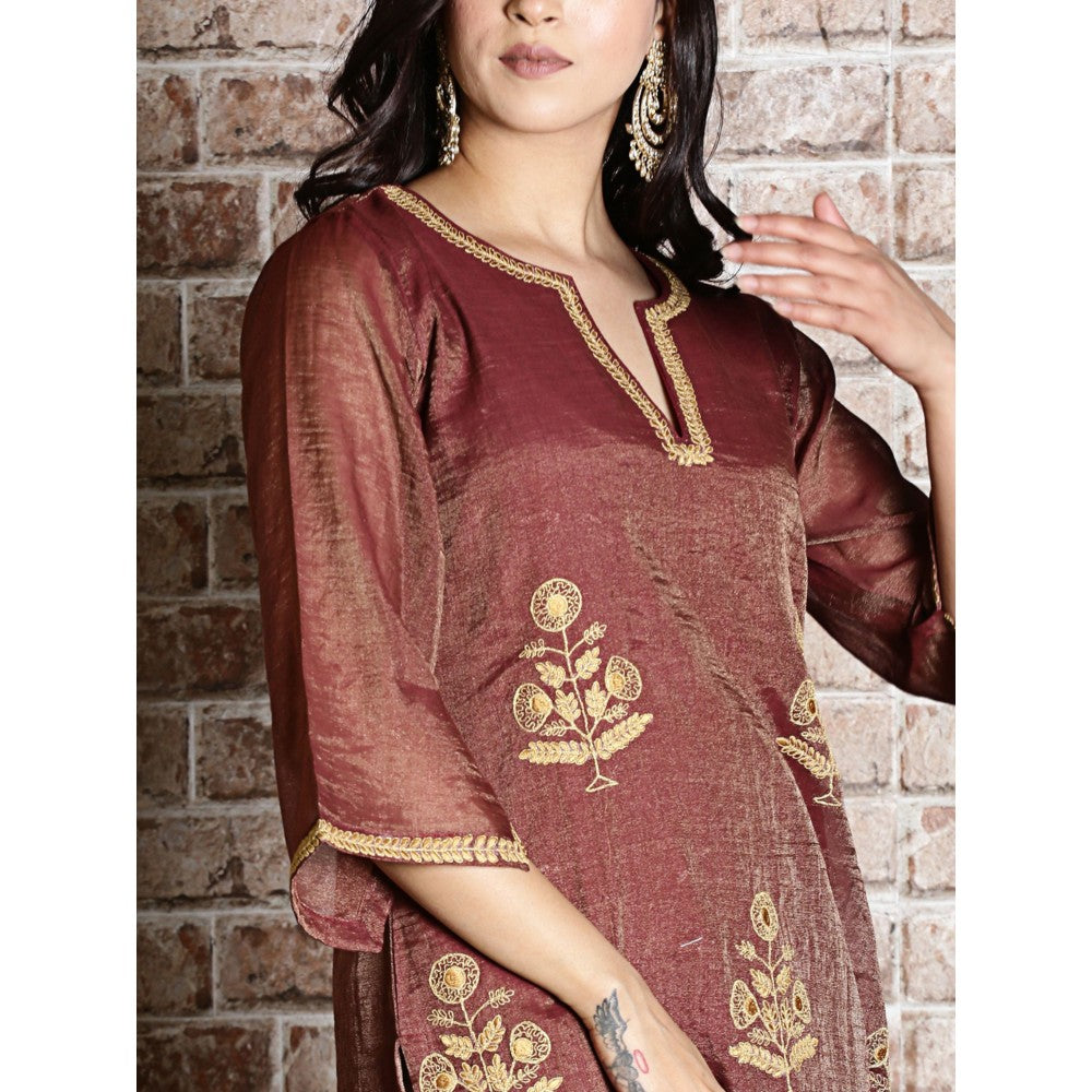 Spring Soul Brown Chanderi Embroidered Kurta and Pant (Set of 2)