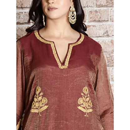 Spring Soul Brown Chanderi Embroidered Kurta and Pant (Set of 2)
