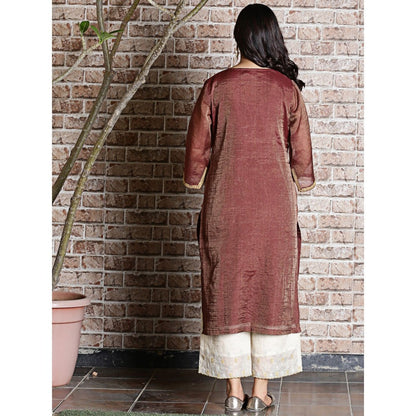 Spring Soul Brown Chanderi Embroidered Kurta and Pant (Set of 2)