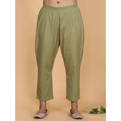 Spring Soul Olive Green Cotton Flax Kurta with Pant (Set of 2)