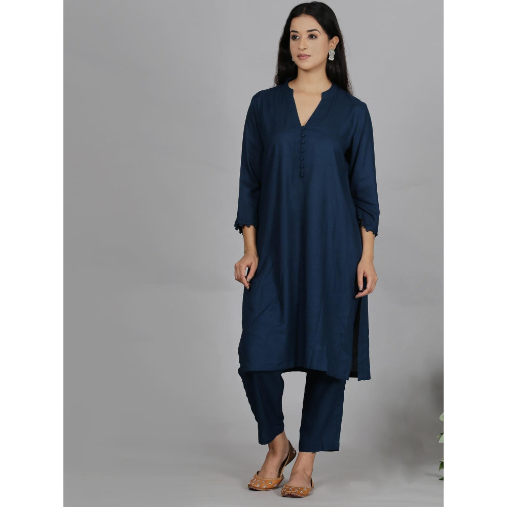 Spring Soul Navy Blue Solid Viscose Kurta with Pant (Set of 2)