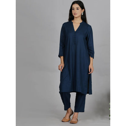 Spring Soul Navy Blue Solid Viscose Kurta with Pant (Set of 2)
