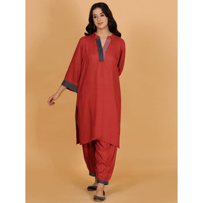 Spring Soul Red Solid Cotton Modal A-Line Neck And Detailing Kurta With Salwar (Set of 2)