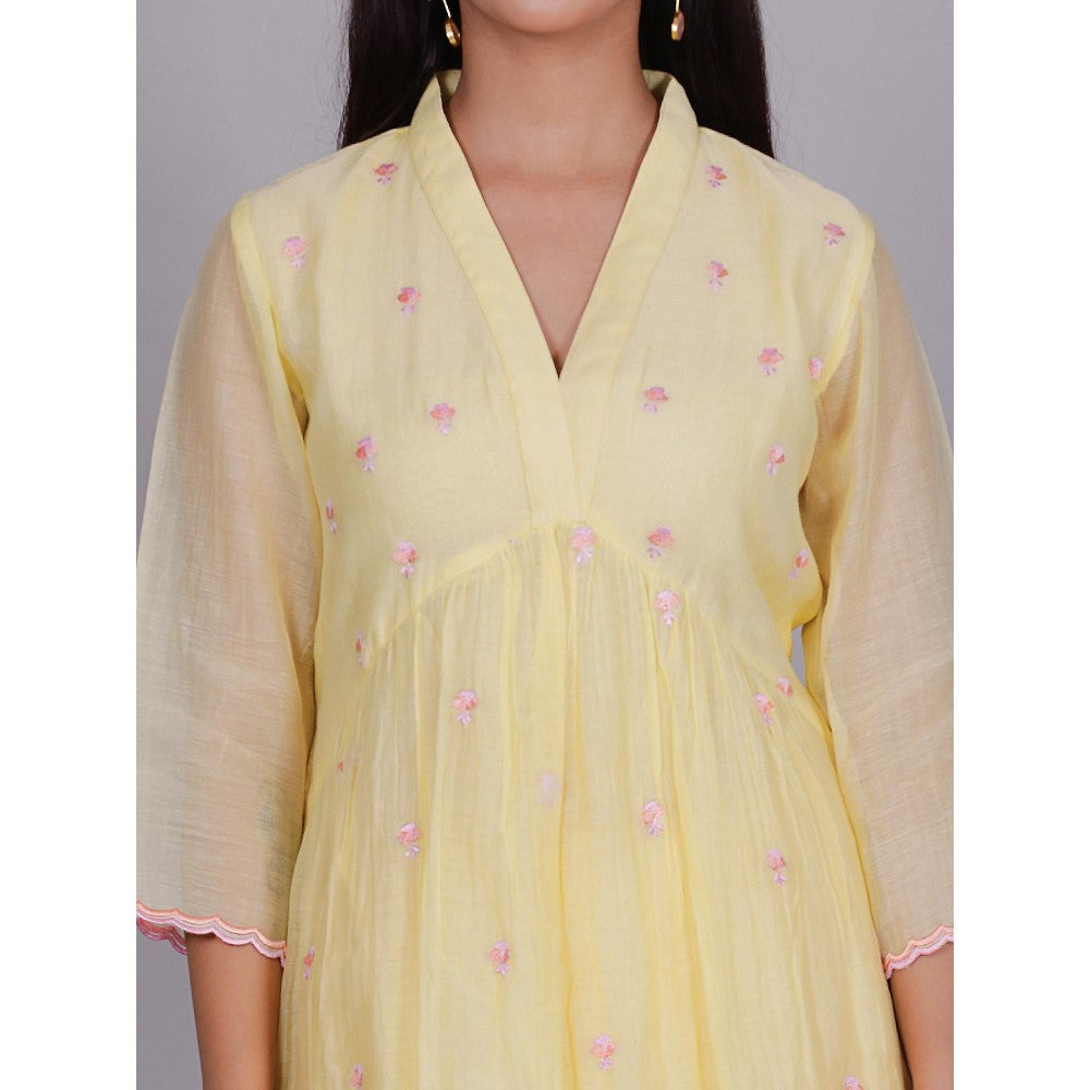 Spring Soul Yellow Chanderi Gathered Embroidery Dress