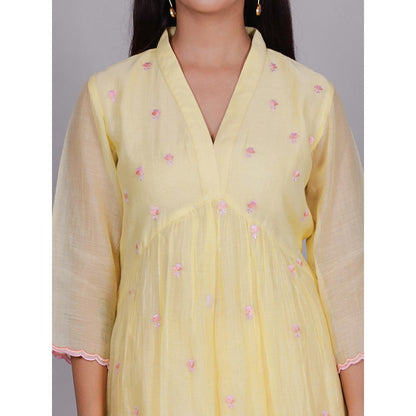Spring Soul Yellow Chanderi Gathered Embroidery Dress