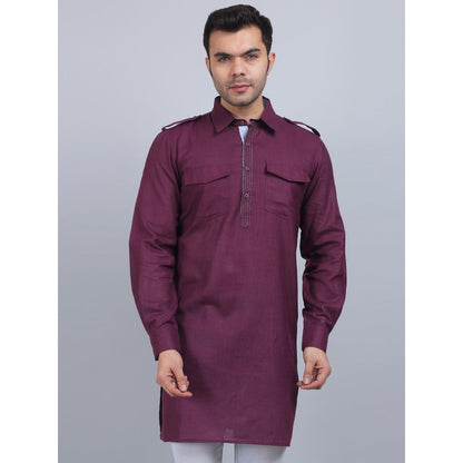 Spring Soul Purple Cotton Pathani Full-Sleeves Shirt Collar Kurta In Comfort Fit