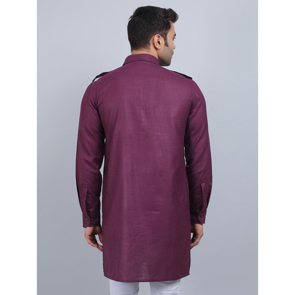 Spring Soul Purple Cotton Pathani Full-Sleeves Shirt Collar Kurta In Comfort Fit