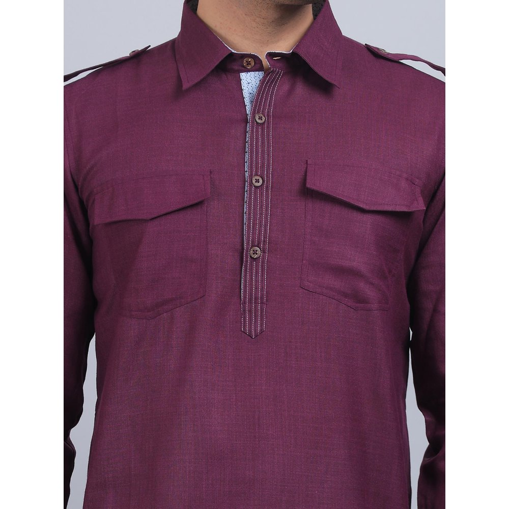 Spring Soul Purple Cotton Pathani Full-Sleeves Shirt Collar Kurta In Comfort Fit
