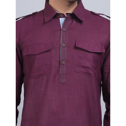 Spring Soul Purple Cotton Pathani Full-Sleeves Shirt Collar Kurta In Comfort Fit