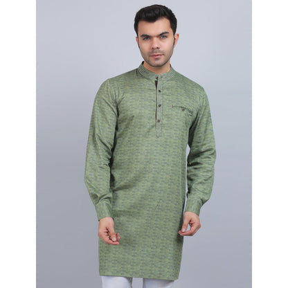 Spring Soul Olive Green Full-Sleeves Band Collar Kurta In Comfort Fit