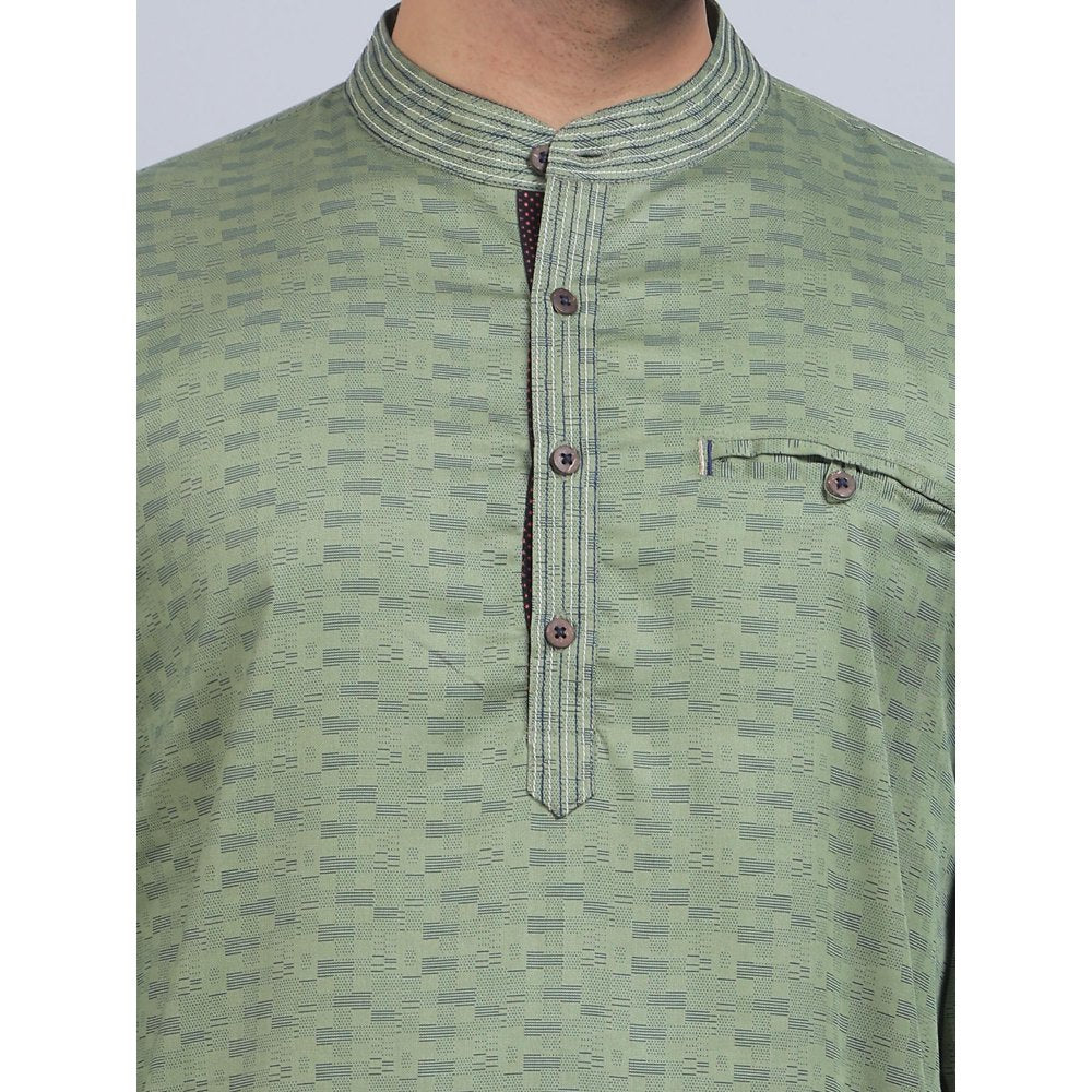Spring Soul Olive Green Full-Sleeves Band Collar Kurta In Comfort Fit