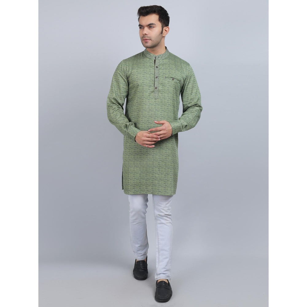 Spring Soul Olive Green Full-Sleeves Band Collar Kurta In Comfort Fit