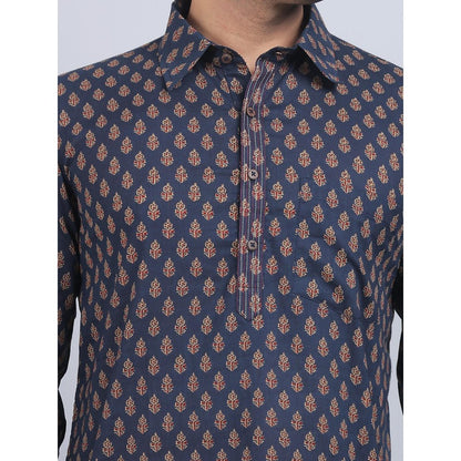 Spring Soul Navy Blue Shirt Collar Kurta In Comfort Fit