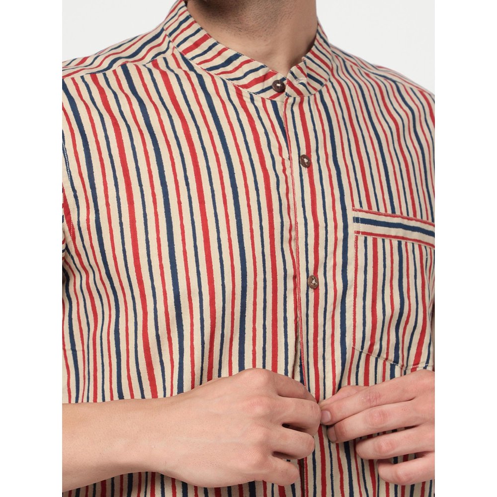 Spring Soul Cotton Printed Band Collar Full Sleeves Shirt Beige