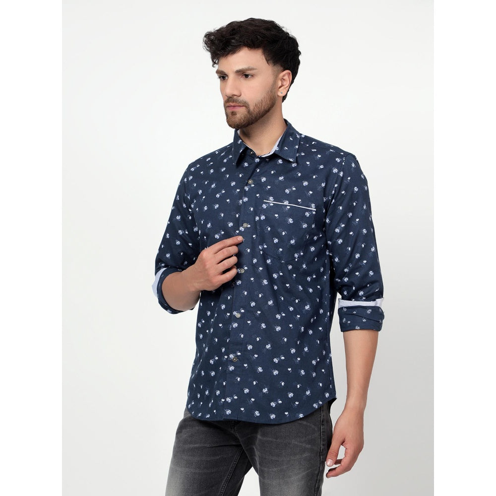 Spring Soul Cotton Linen Printed Full Sleeves Shirt Blue
