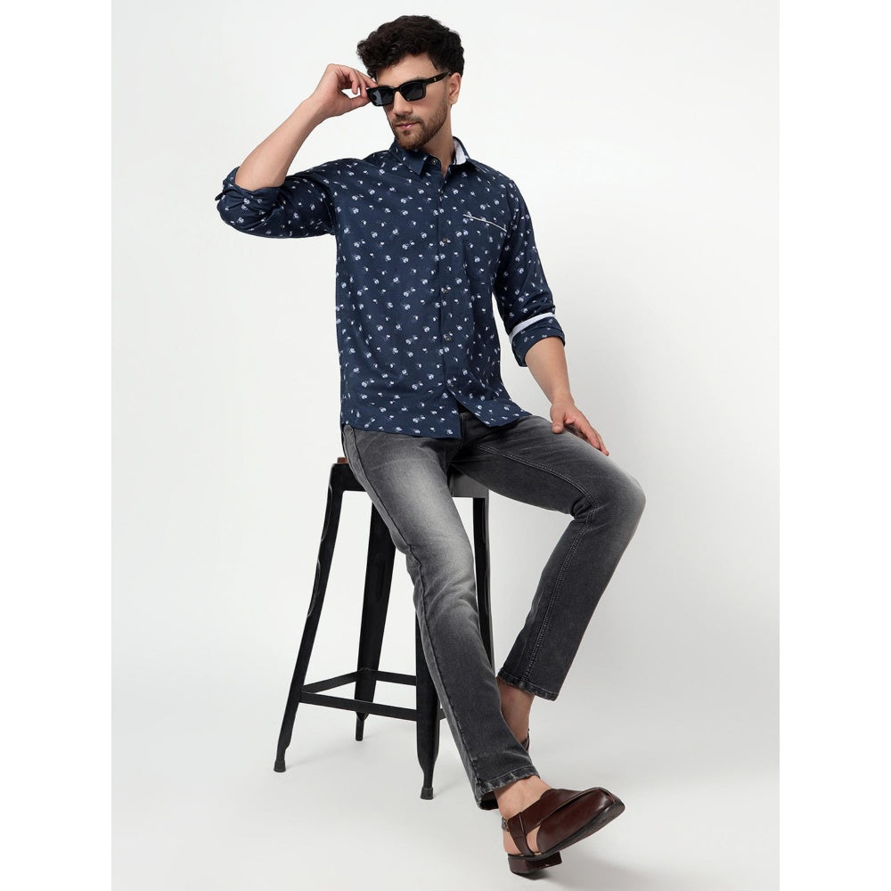 Spring Soul Cotton Linen Printed Full Sleeves Shirt Blue
