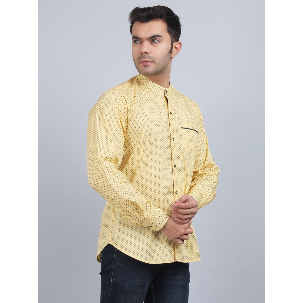 Spring Soul Yellow Cotton Printed Band Collar Full Sleeves Shirt