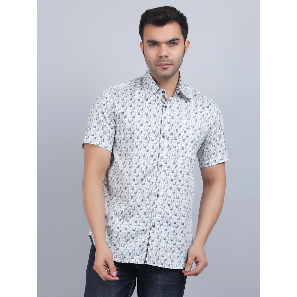 Spring Soul White Cotton Printed Half Sleeves Shirt