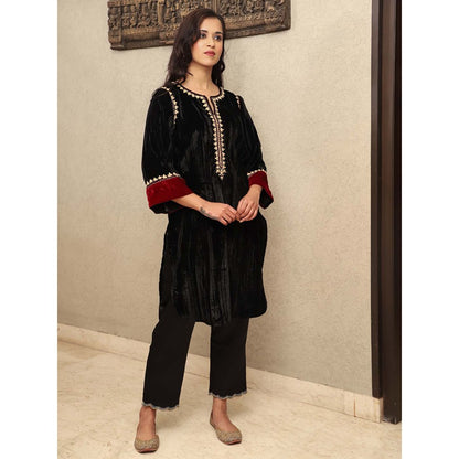 Spring Soul Black Crushed Velvet Embroidered Kurta with Mashru Silk Pant (Set of 2)