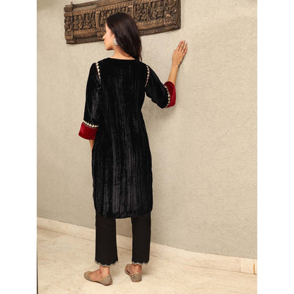 Spring Soul Black Crushed Velvet Embroidered Kurta with Mashru Silk Pant (Set of 2)