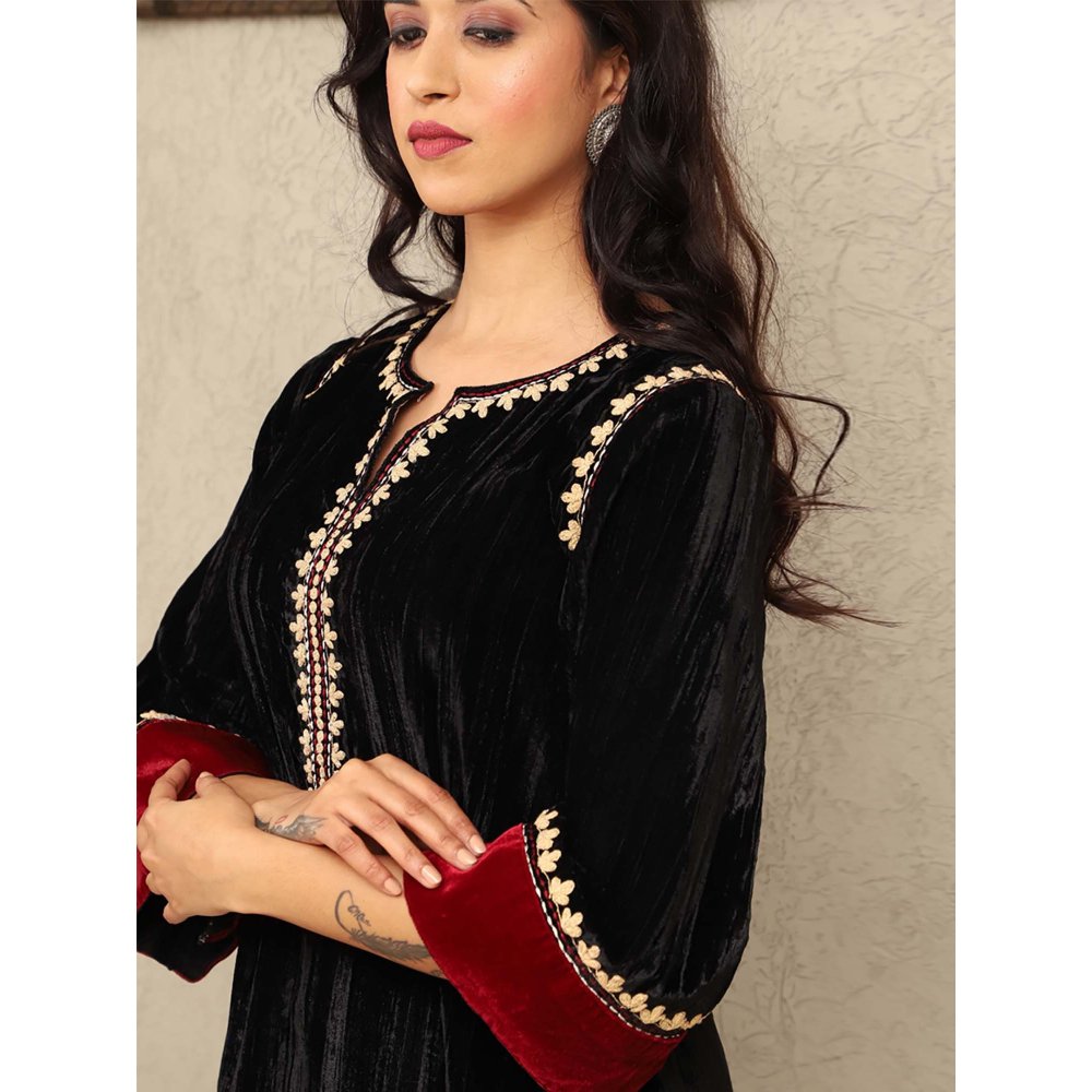 Spring Soul Black Crushed Velvet Embroidered Kurta with Mashru Silk Pant (Set of 2)