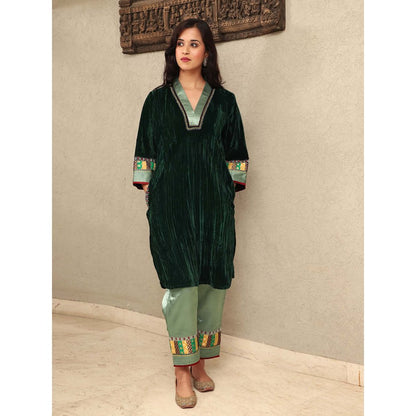 Spring Soul Green Crushed Velvet Embroidered Applique Kurta with Mashru Silk Pant (Set of 2)