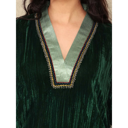 Spring Soul Green Crushed Velvet Embroidered Applique Kurta with Mashru Silk Pant (Set of 2)