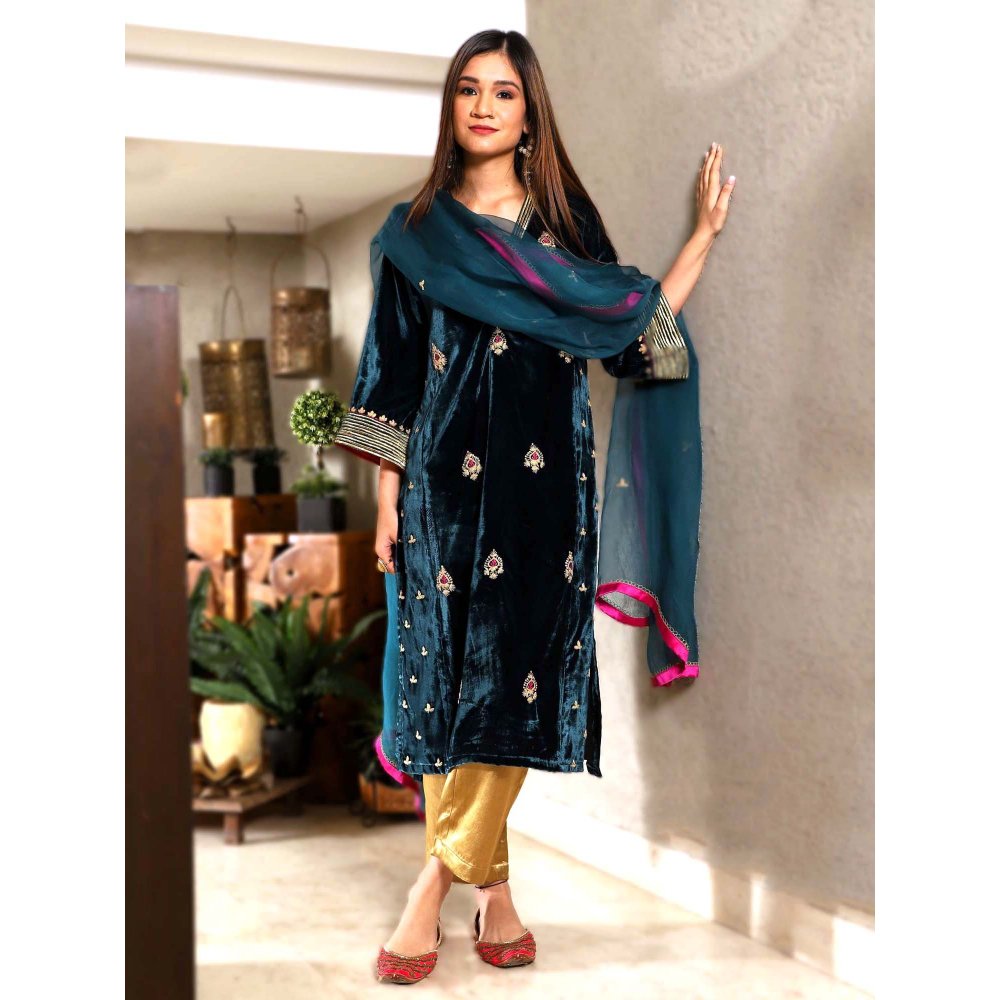 Spring Soul Blue Embroidered Velvet Kurta with Mashru Silk Pant and Dupatta (Set of 3)
