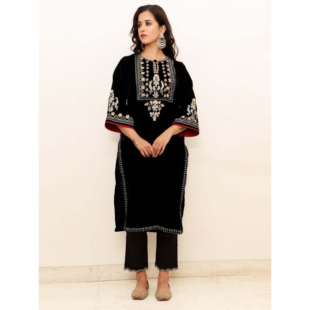 Spring Soul Black Embroidered Velvet Kurta with Mashru Silk Pant (Set of 2)