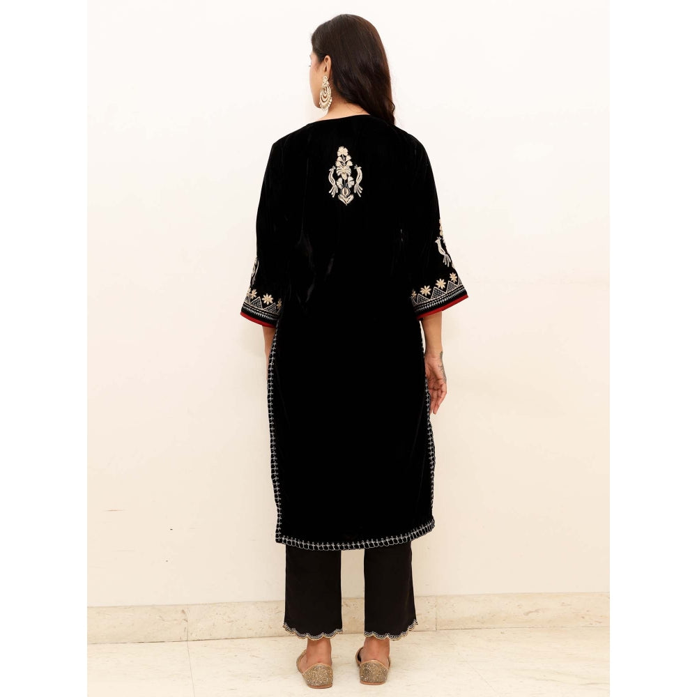 Spring Soul Black Embroidered Velvet Kurta with Mashru Silk Pant (Set of 2)