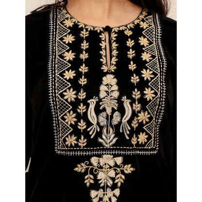 Spring Soul Black Embroidered Velvet Kurta with Mashru Silk Pant (Set of 2)