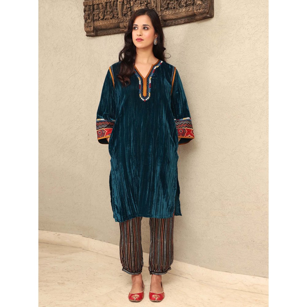Spring Soul Teal Crushed Velvet Embroidered Kurta with Stripe Modal Silk Salwar Pant (Set of 2)