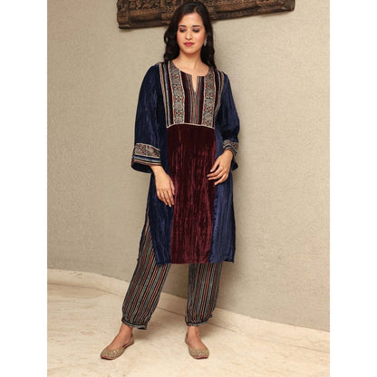 Spring Soul Colour Block Crushed Velvet Kurta with Stripe Harem Salwar Pant (Set of 2)