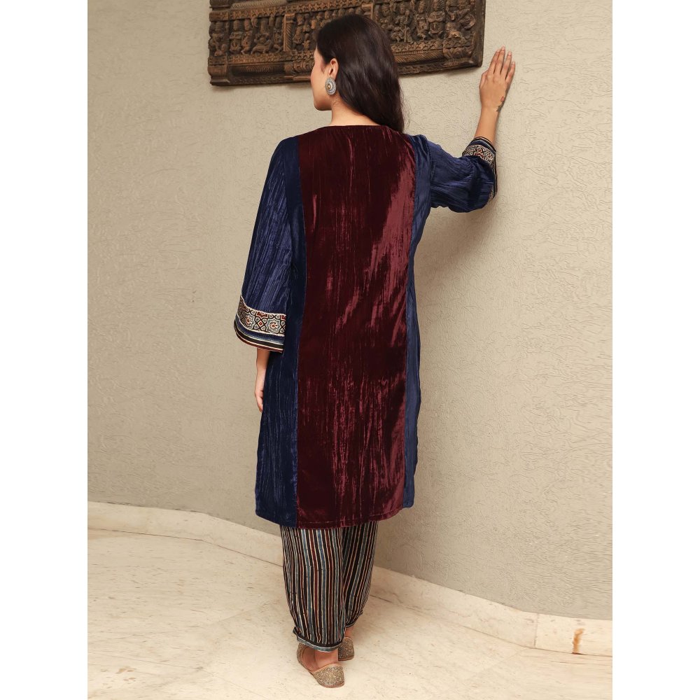 Spring Soul Colour Block Crushed Velvet Kurta with Stripe Harem Salwar Pant (Set of 2)