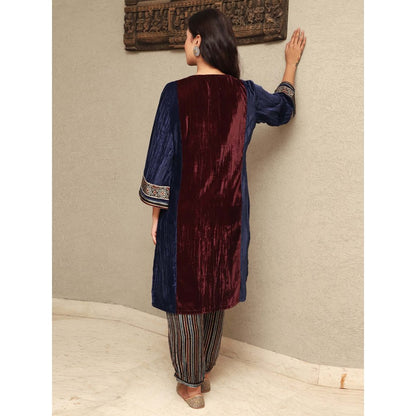Spring Soul Colour Block Crushed Velvet Kurta with Stripe Harem Salwar Pant (Set of 2)