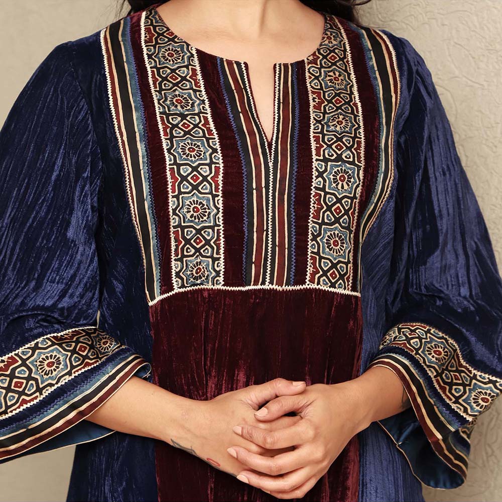 Spring Soul Colour Block Crushed Velvet Kurta with Stripe Harem Salwar Pant (Set of 2)