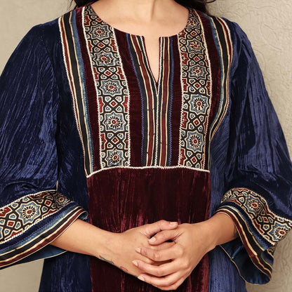 Spring Soul Colour Block Crushed Velvet Kurta with Stripe Harem Salwar Pant (Set of 2)