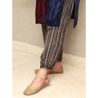 Spring Soul Colour Block Crushed Velvet Kurta with Stripe Harem Salwar Pant (Set of 2)