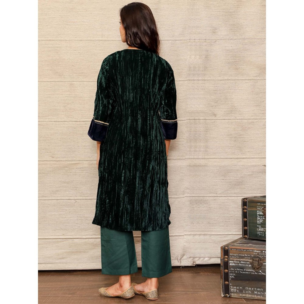 Spring Soul Dark Green Embroidered Velvet Silk Kurta with Mashru Silk Pant (Set of 2)