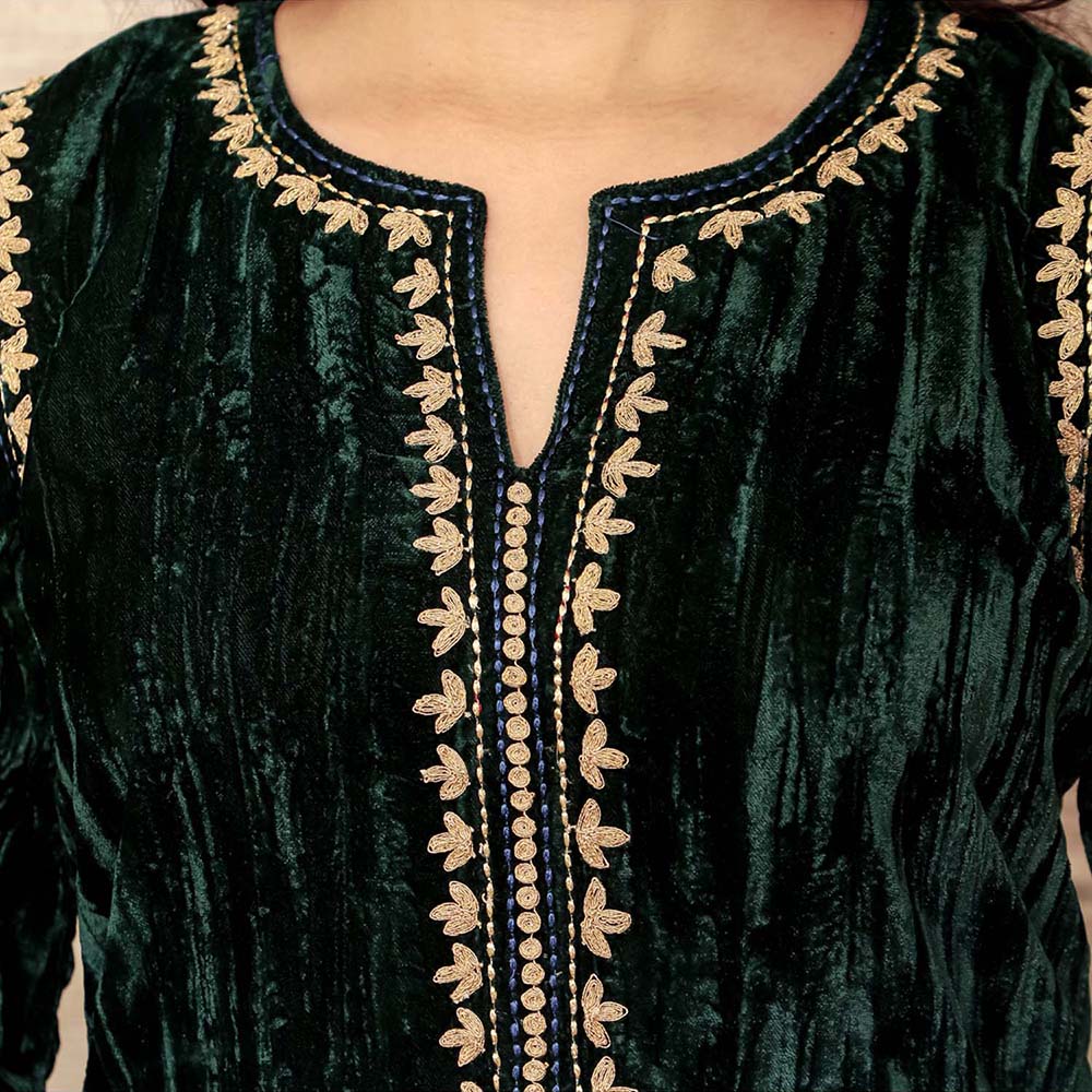 Spring Soul Dark Green Embroidered Velvet Silk Kurta with Mashru Silk Pant (Set of 2)