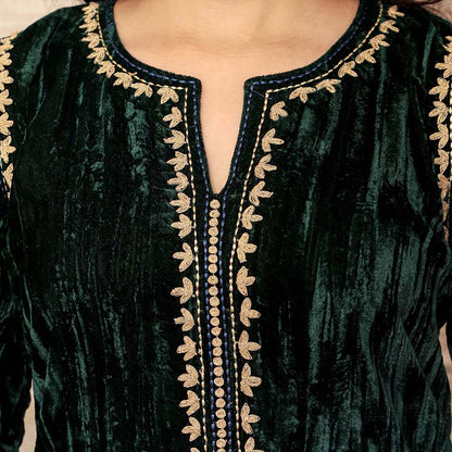 Spring Soul Dark Green Embroidered Velvet Silk Kurta with Mashru Silk Pant (Set of 2)