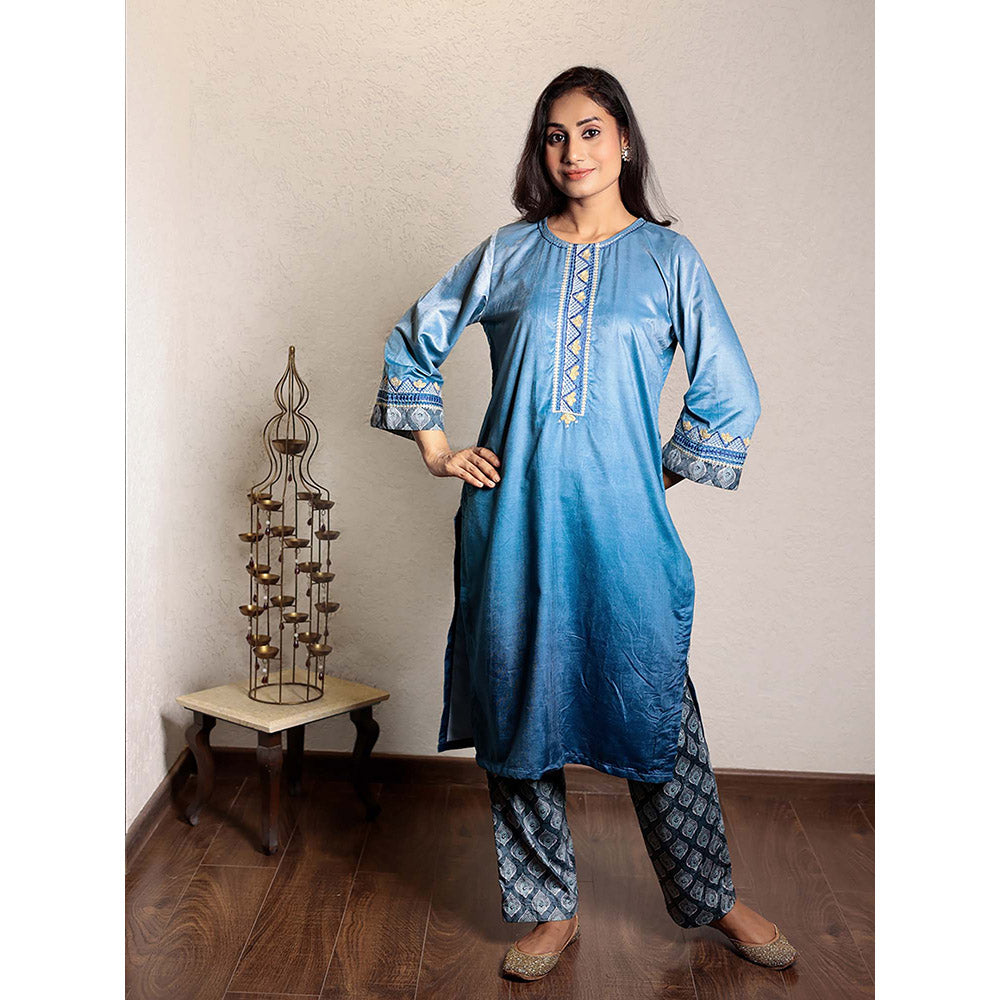 Spring Soul Blue Ombre Embroidered Micro Velvet Kurta With Printed Velvet Pant (Set of 2)
