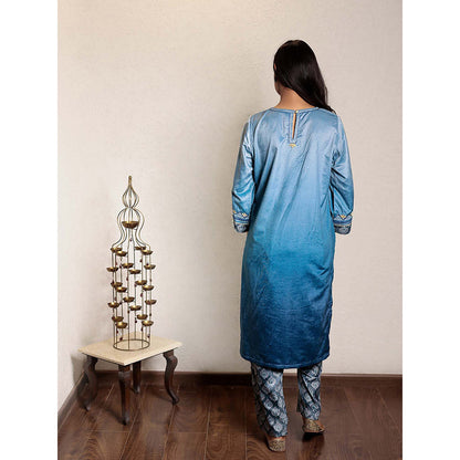 Spring Soul Blue Ombre Embroidered Micro Velvet Kurta With Printed Velvet Pant (Set of 2)