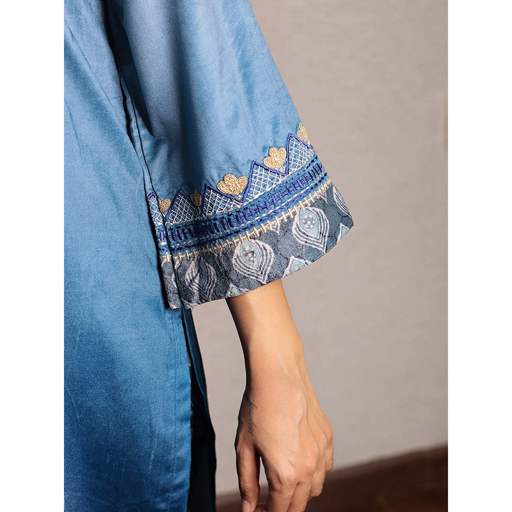 Spring Soul Blue Ombre Embroidered Micro Velvet Kurta With Printed Velvet Pant (Set of 2)