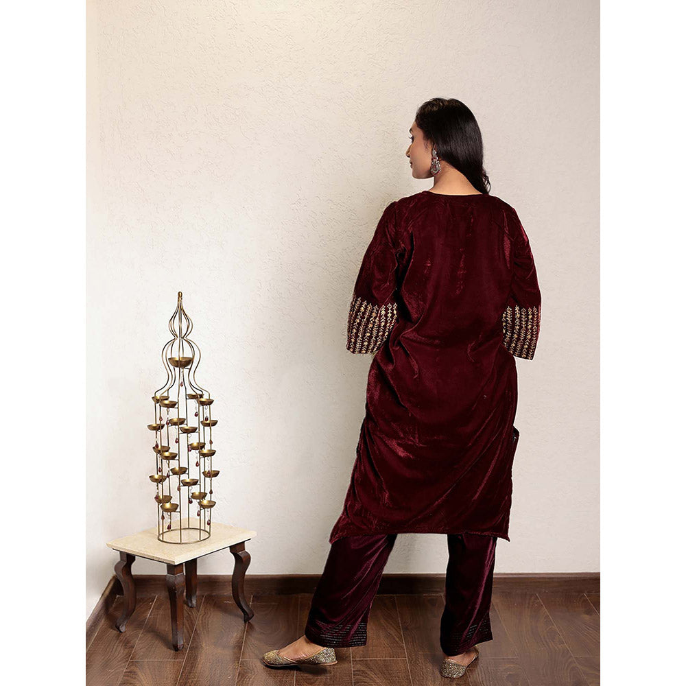Spring Soul Maroon Embroidered Velvet Kurta With Yoke Detail And Velvet Pant (Set of 2)